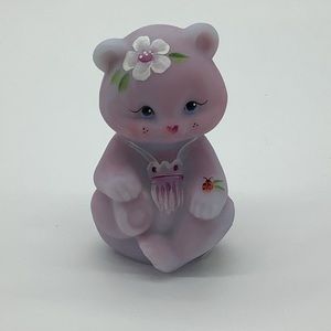 Fenton satin glass handpainted bear with lady bug